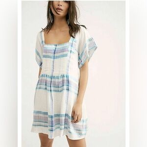 Free People Mini Dress, / Tunic White Blue Metallic Plaid